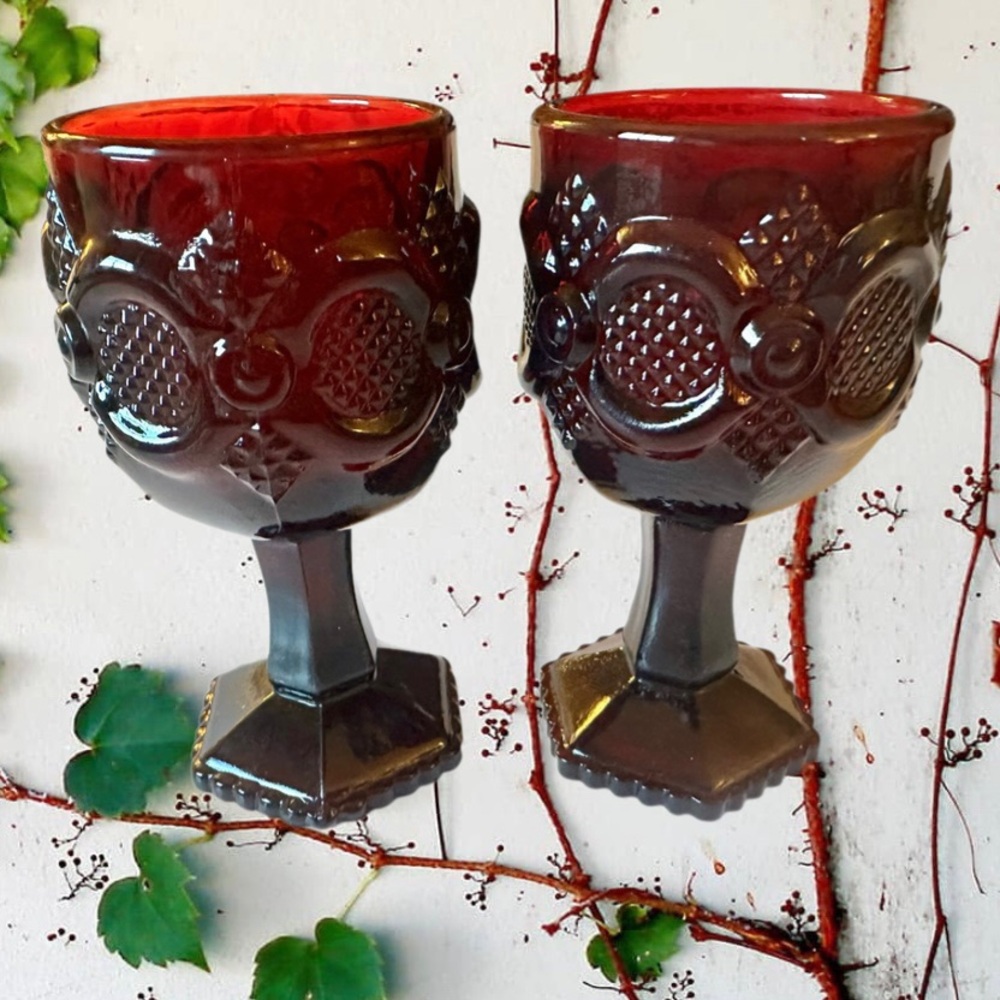 Avon Vintage “1876 Cape Cod Collection” Set of 2 Ruby Red Cranberry Goblets